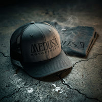 Medusa Black and Grey Trucker Hat Black Logo