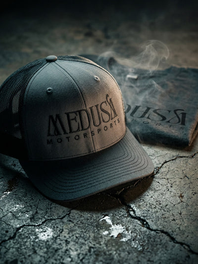 Medusa Black and Grey Trucker Hat Black Logo