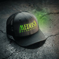 Medusa Black and Grey Trucker Hat Green Logo