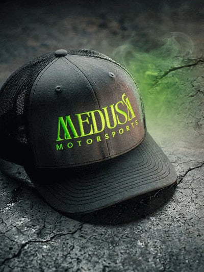 Medusa Black and Grey Trucker Hat Green Logo